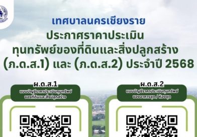 เทศบาลนครเชียงรายแจ้งราคาประเมินทุนทรัพย์ของที่ดินและสิ่งปลูกสร้าง อัตราที่จัดเก็บและรายละเอียดอื่นที่จำเป็นในการจัดเก็บภาษี ประจำปี 2568 ขยายเวลาการชำระภาษีที่ดินและสิ่งปลูกสร้างประจำปี 2568 ออกไปอีก 1 เดือน